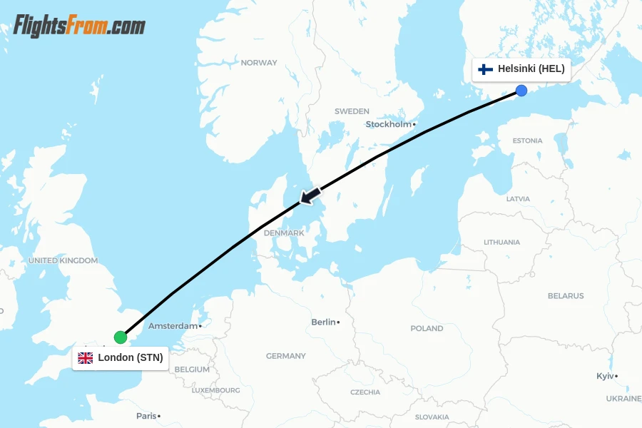 Flights from Helsinki to London route map