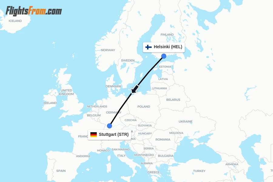 Flights from Helsinki to Stuttgart route map