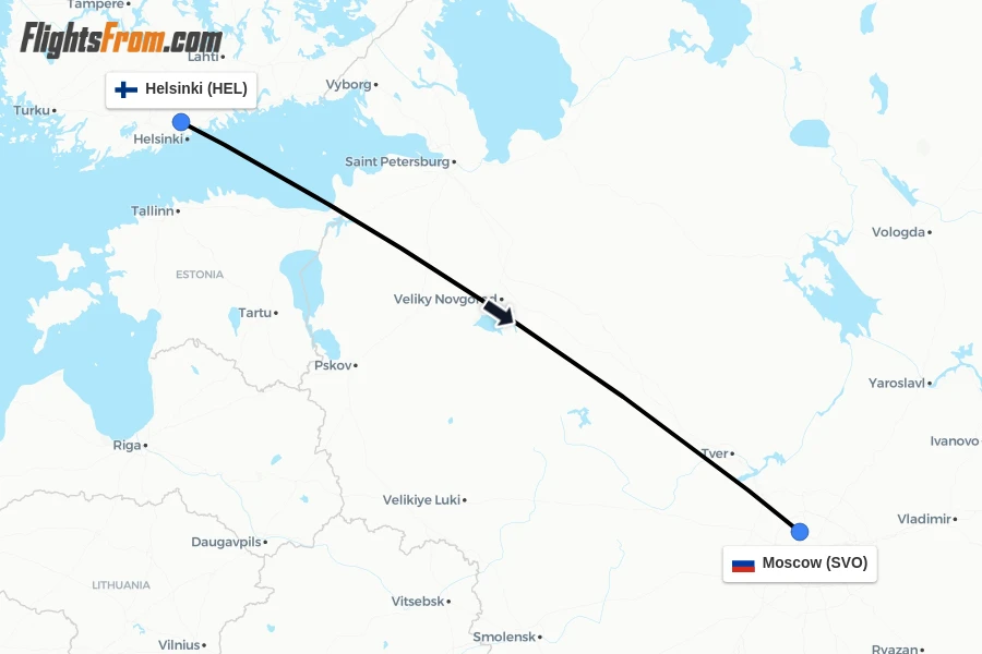 Flights from Helsinki to Moscow route map