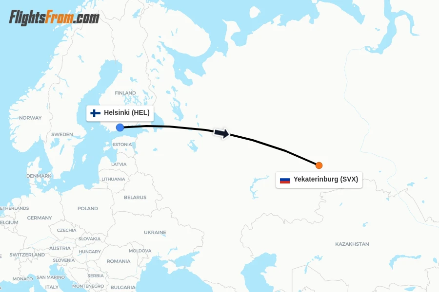 Flights from Helsinki to Yekaterinburg route map
