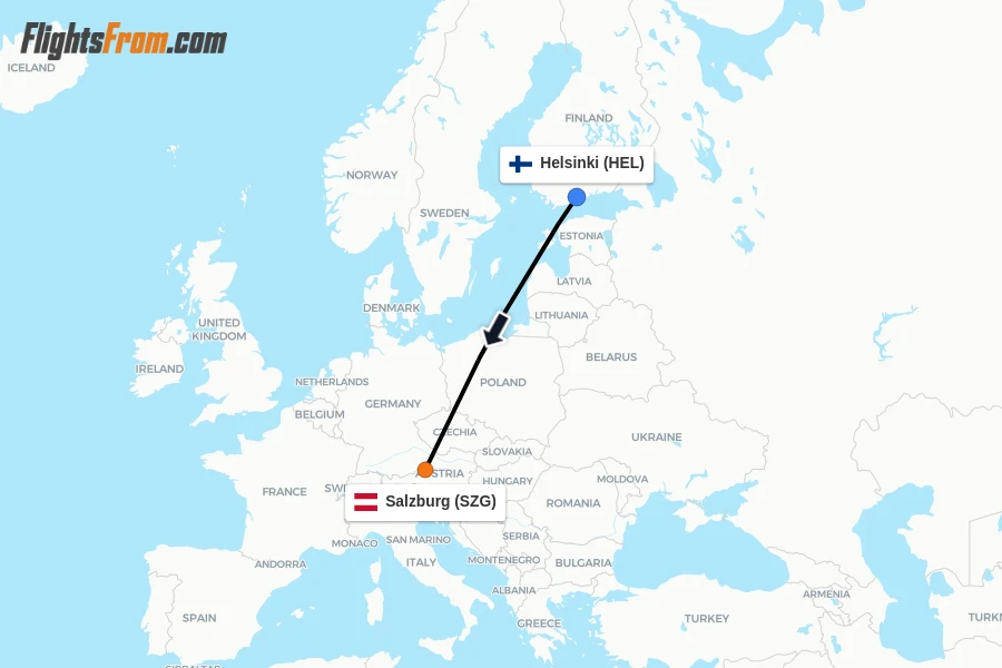 Flights from Helsinki to Salzburg route map