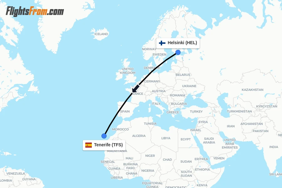 Flights from Helsinki to Tenerife route map