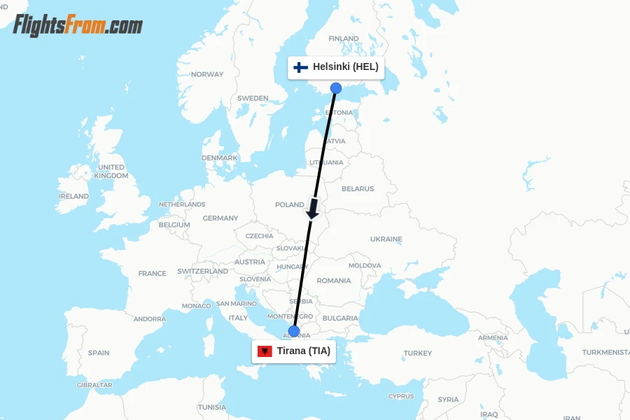 Flights from Helsinki to Tirana route map