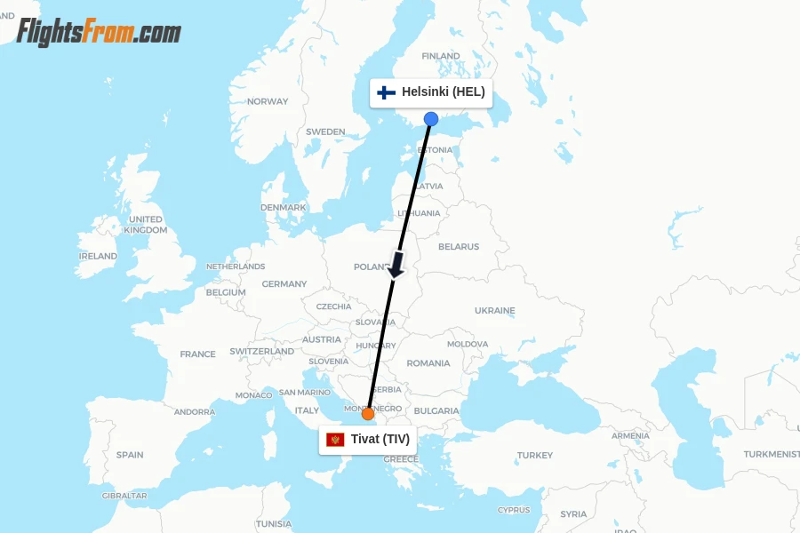 Flights from Helsinki to Tivat route map
