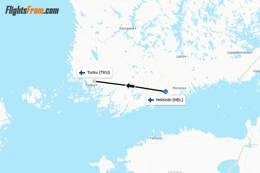 Flights from Helsinki to Turku route map