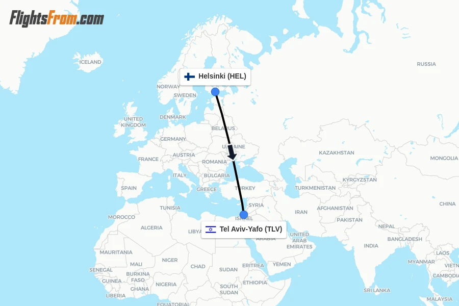 Flights from Helsinki to Tel Aviv-Yafo route map