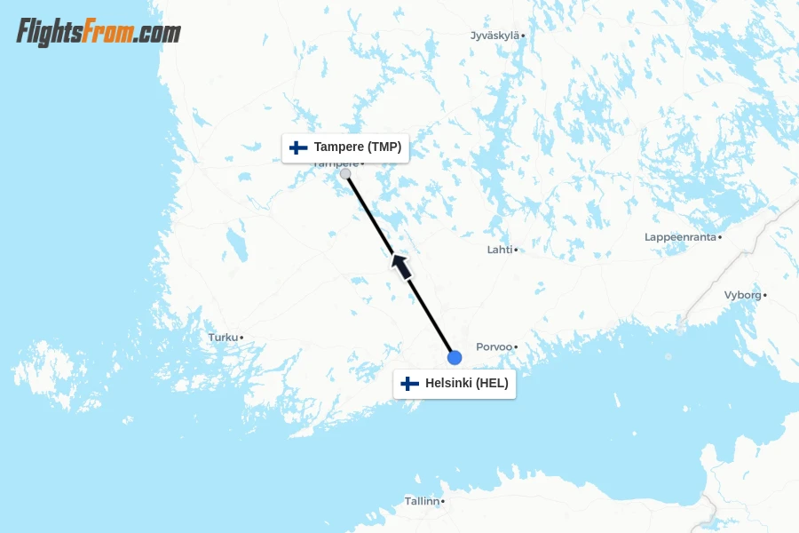 Flights from Helsinki to Tampere route map