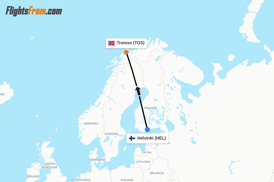 Flights from Helsinki to Tromso route map