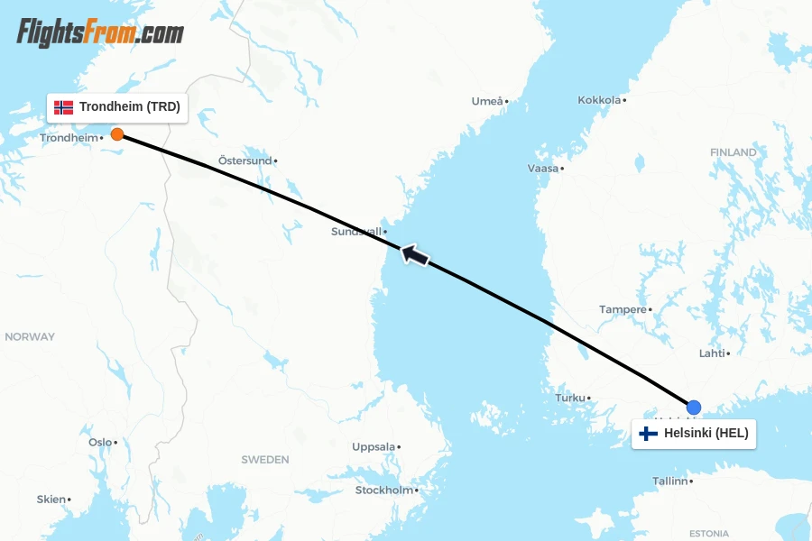 Flights from Helsinki to Trondheim route map