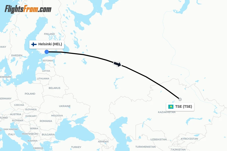 Flights from Helsinki to TSE route map