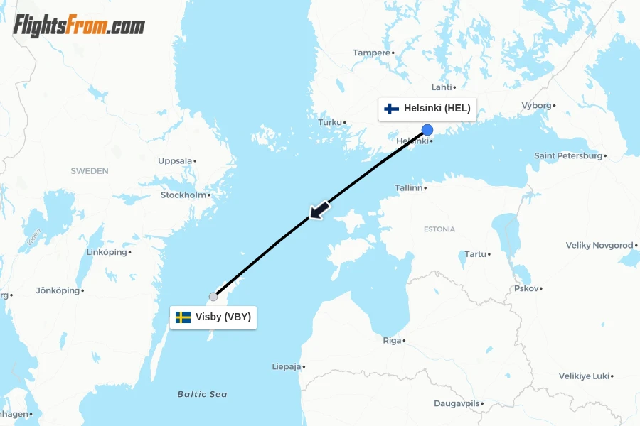 Flights from Helsinki to Visby route map