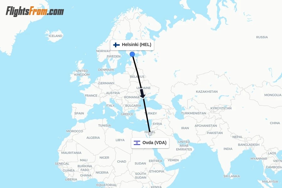 Flights from Helsinki to Ovda route map