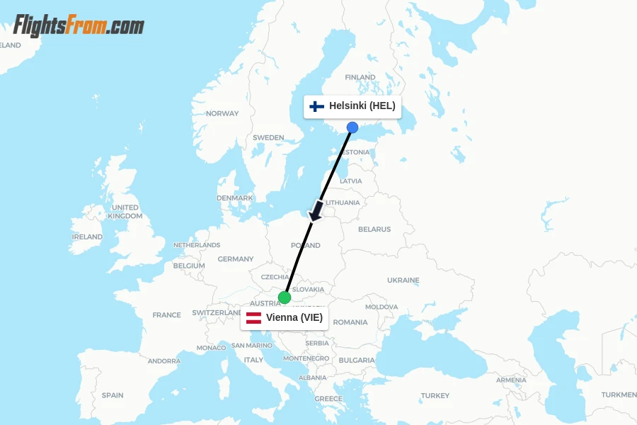 Flights from Helsinki to Vienna route map