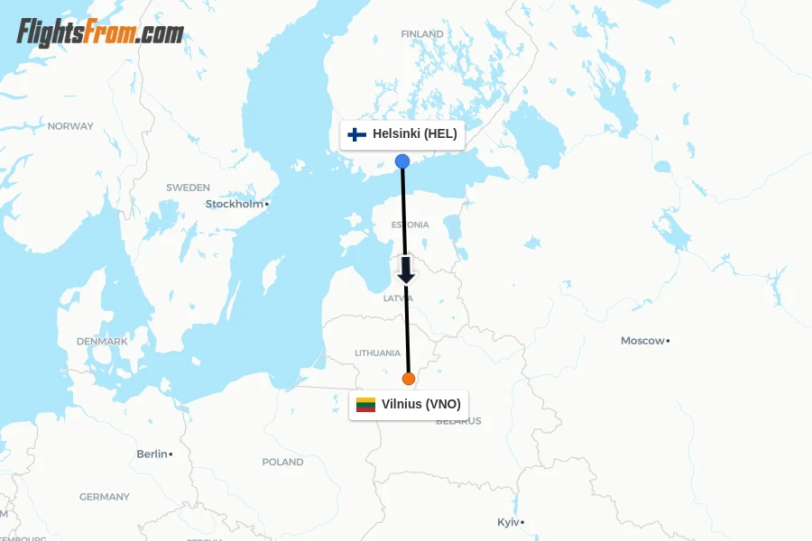 Flights from Helsinki to Vilnius route map