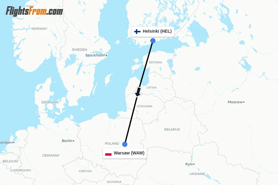 Flights from Helsinki to Warsaw route map