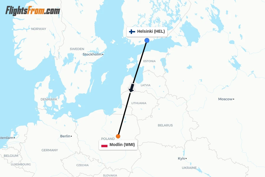 Flights from Helsinki to Modlin route map