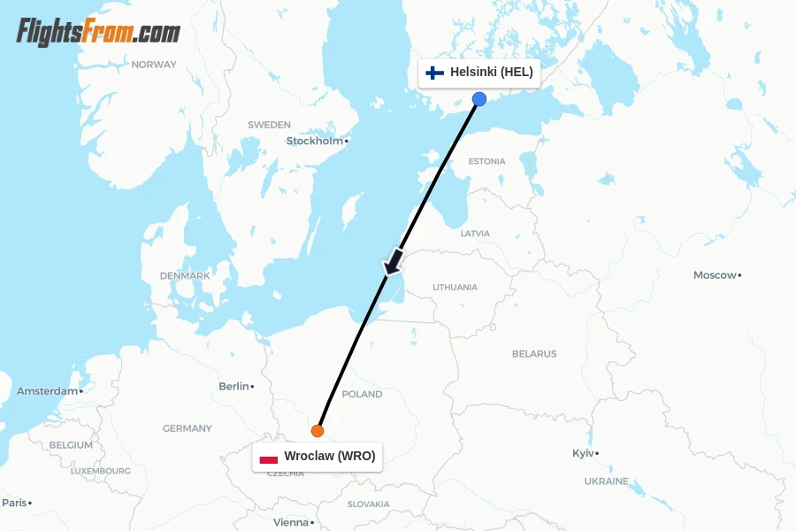 Flights from Helsinki to Wroclaw route map