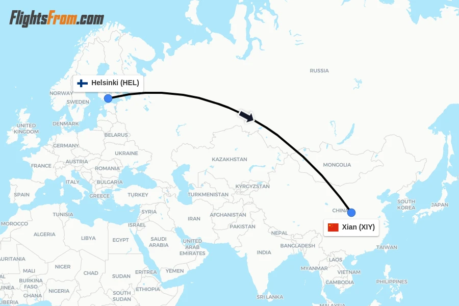 Flights from Helsinki to Xian route map