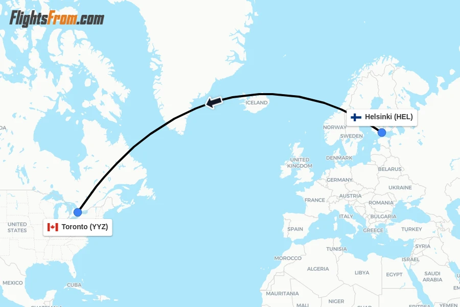 Flights from Helsinki to Toronto route map