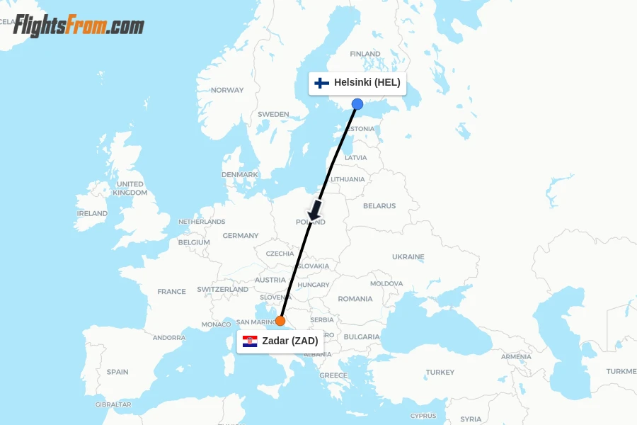 Flights from Helsinki to Zadar route map