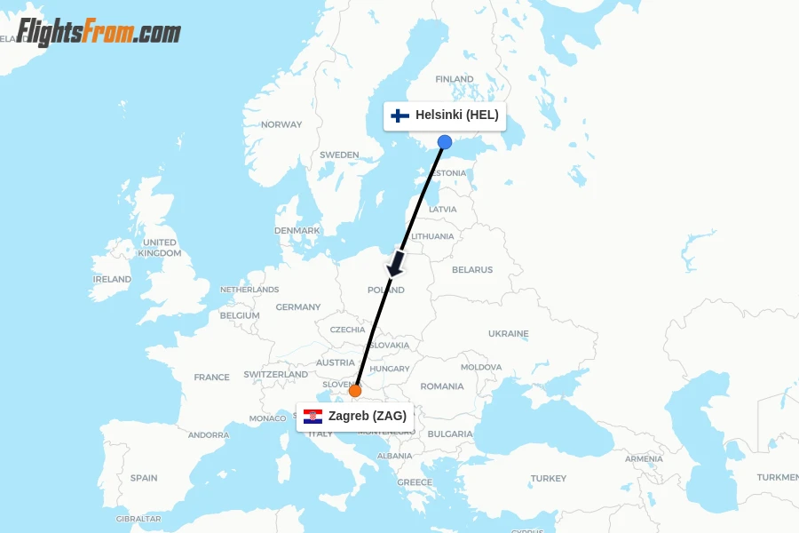 Flights from Helsinki to Zagreb route map