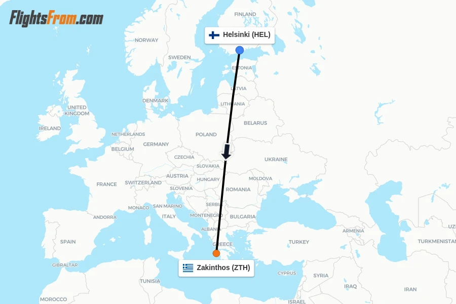 Flights from Helsinki to Zakinthos route map