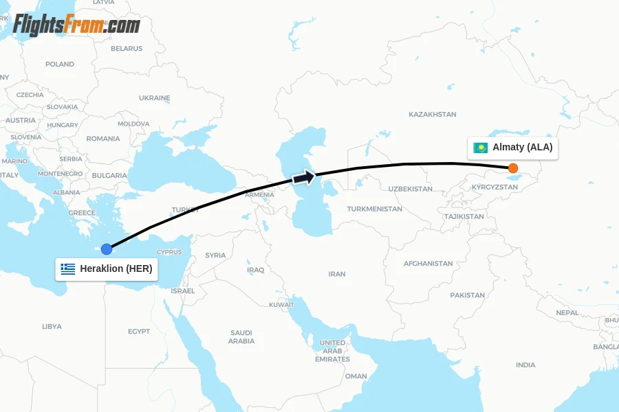 Flights from Heraklion to Almaty route map