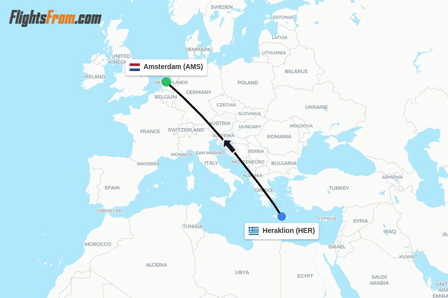 Flights from Heraklion to Amsterdam route map