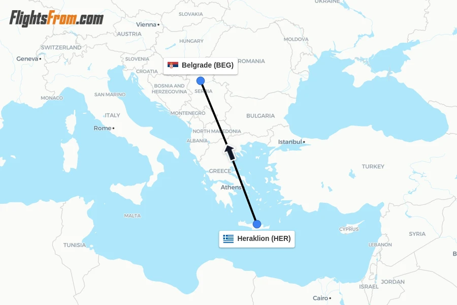 Flights from Heraklion to Belgrade route map
