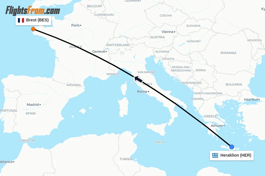 Flights from Heraklion to Brest route map