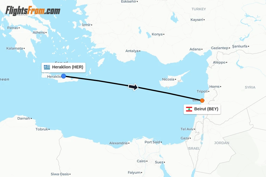 Flights from Heraklion to Beirut route map