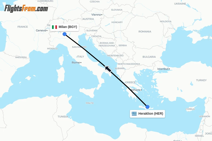 Flights from Heraklion to Milan route map