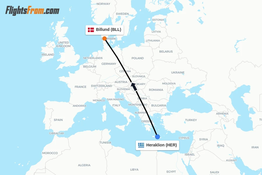 Flights from Heraklion to Billund route map