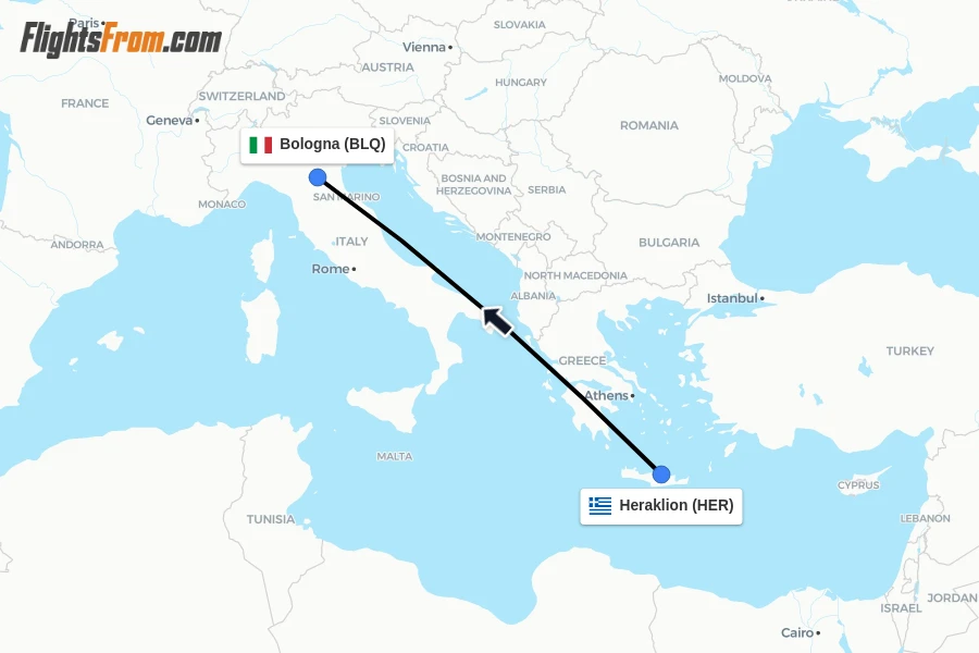 Flights from Heraklion to Bologna route map