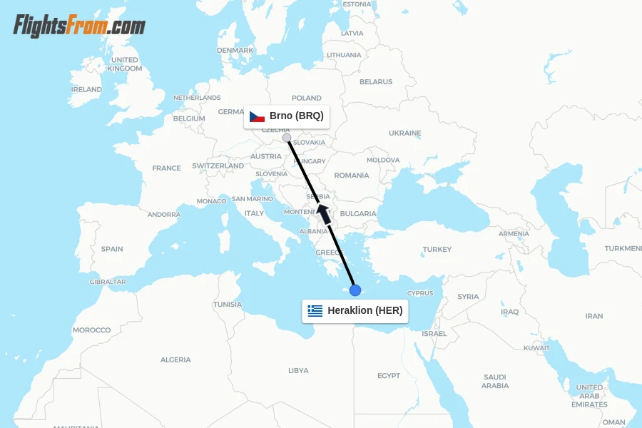 Flights from Heraklion to Brno route map