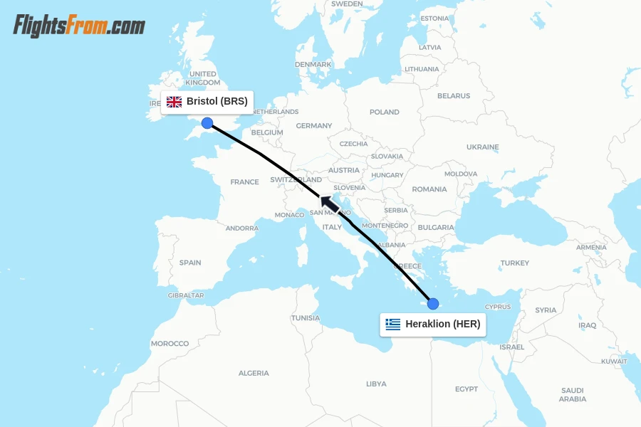 Flights from Heraklion to Bristol route map