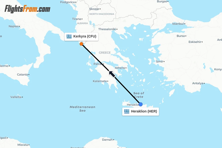 Flights from Heraklion to Kerkyra route map