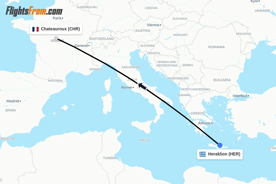Flights from Heraklion to Chateauroux route map
