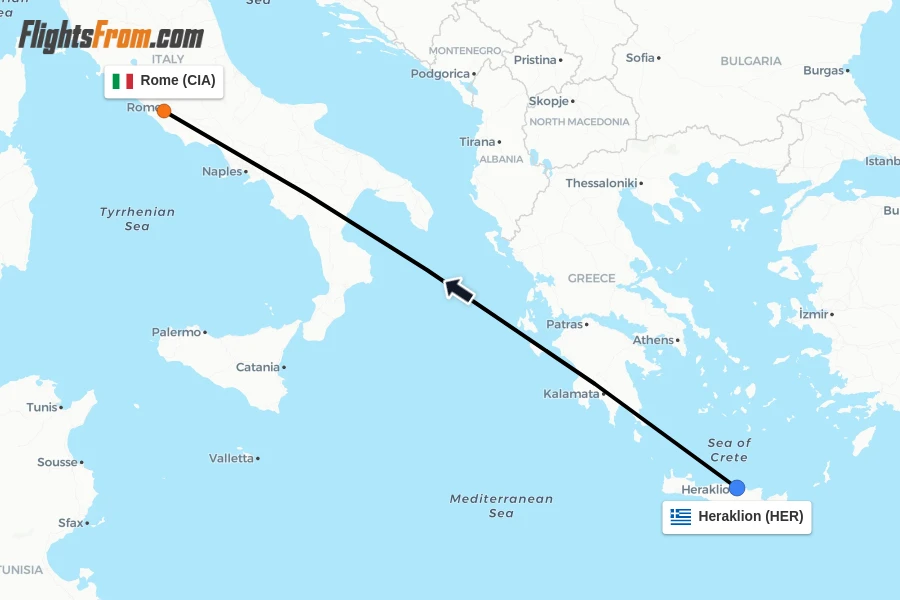 Flights from Heraklion to Rome route map