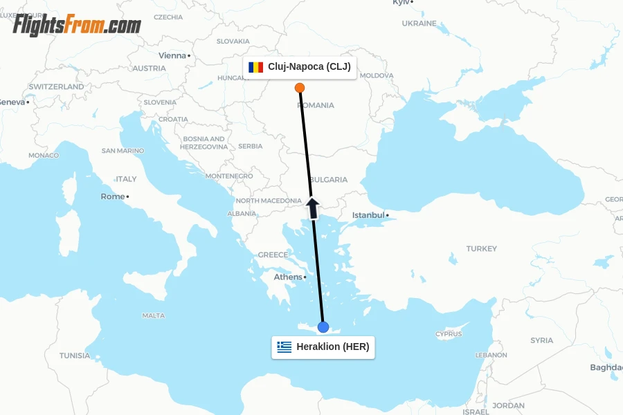 Flights from Heraklion to Cluj-Napoca route map