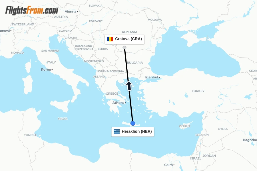 Flights from Heraklion to Craiova route map