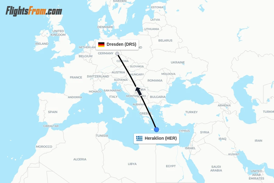 Flights from Heraklion to Dresden route map