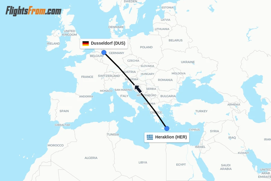 Flights from Heraklion to Dusseldorf route map