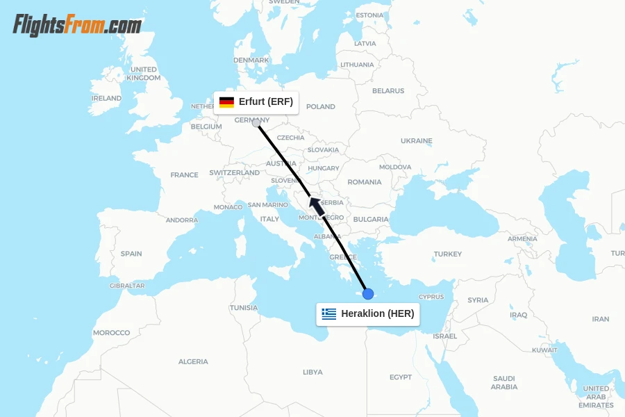 Flights from Heraklion to Erfurt route map