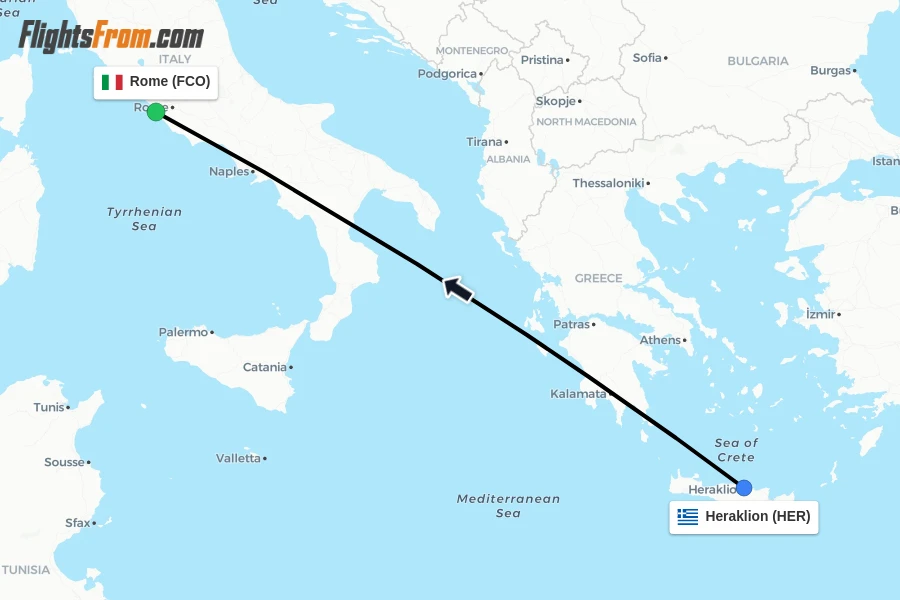 Flights from Heraklion to Rome route map