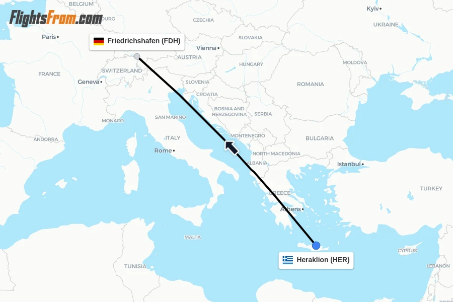 Flights from Heraklion to Friedrichshafen route map