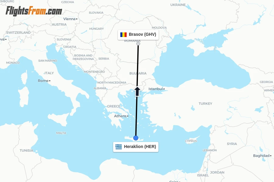 Flights from Heraklion to Brasov route map