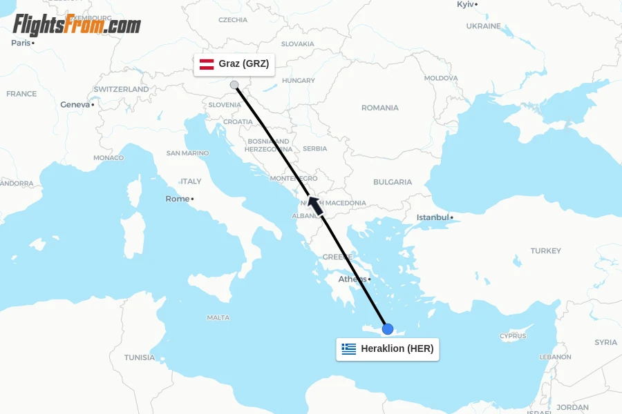 Flights from Heraklion to Graz route map