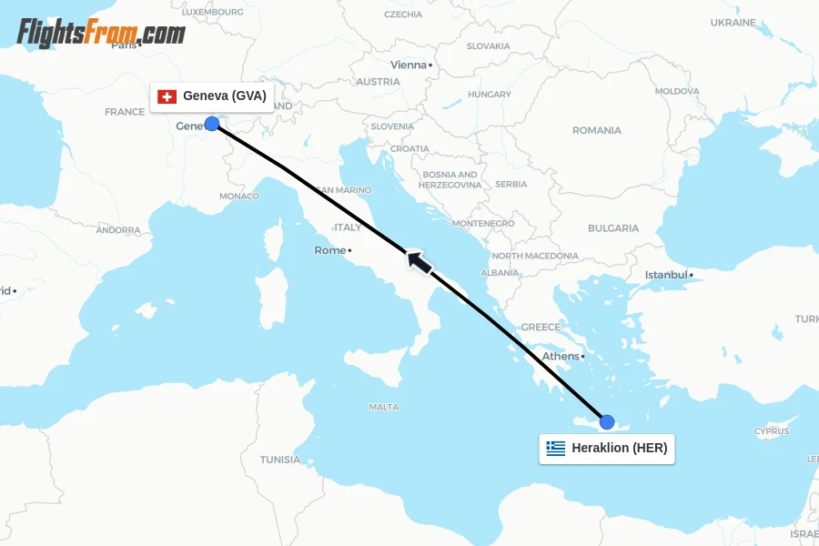 Flights from Heraklion to Geneva route map