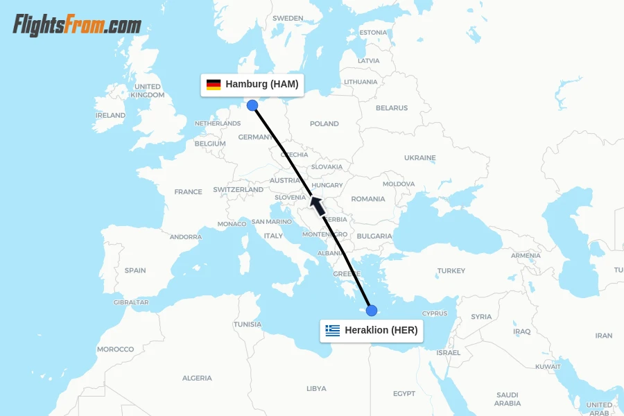 Flights from Heraklion to Hamburg route map